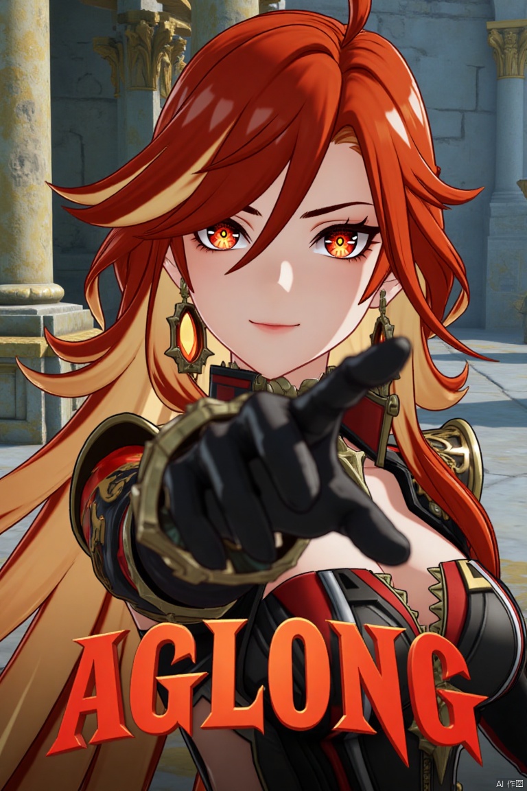 A solo shot of a girl with very long, multicolored hair (red, orange, and blonde), looking directly at the viewer with a smile. She has bangs, red eyes, and hair between her eyes. Wearing small breasts visible, black gloves, earrings, jewelry, armor with shoulder pauldrons. Her upper body is in focus, reaching towards the viewer. The setting includes a pillar, throne, and column, with a detailed background matching the movie poster theme. Three-dimensional text AGlong is in the middle below. Cinematic lighting creates high contrast and a dramatic atmosphere, with sharp focus enhancing the dynamic composition.