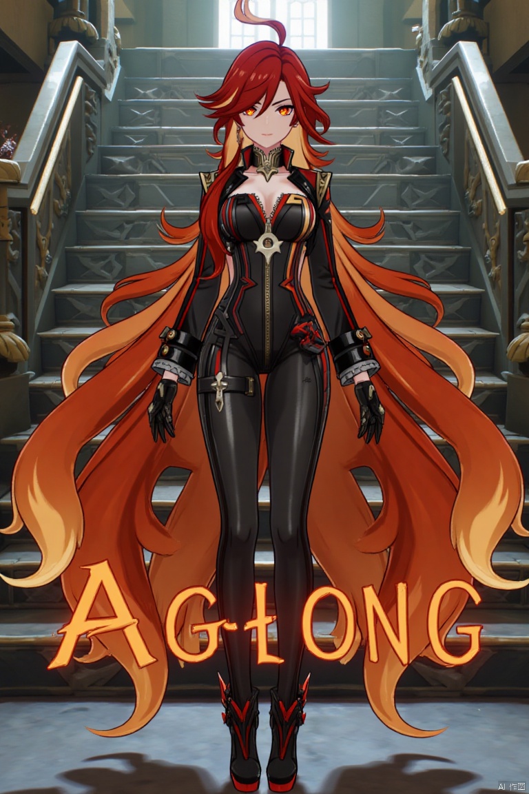 A solo shot of a girl with very long, multicolored hair (blonde, red, and orange), looking directly at the viewer. She has bangs, red eyes, and is standing with arms at her sides. Wearing a jacket, long sleeves, a bodysuit with cutouts, black gloves, high heels, and a spiked bracelet. Her medium breasts and cleavage are visible. The setting includes stairs and a detailed background matching the movie poster theme. Three-dimensional text AGlong is in the middle below. Cinematic lighting creates high contrast and a dramatic atmosphere, with sharp focus enhancing the dynamic composition.