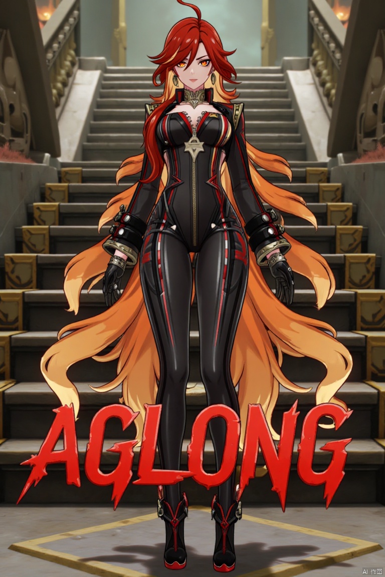 A solo shot of a girl with very long, multicolored hair (blonde, red, and orange), looking directly at the viewer. She has bangs, red eyes, and is standing with arms at her sides. Wearing a jacket, long sleeves, a bodysuit with cutouts, black gloves, high heels, and a spiked bracelet. Her medium breasts and cleavage are visible. The setting includes stairs and a detailed background matching the movie poster theme. Three-dimensional text AGlong is in the middle below. Cinematic lighting creates high contrast and a dramatic atmosphere, with sharp focus enhancing the dynamic composition.