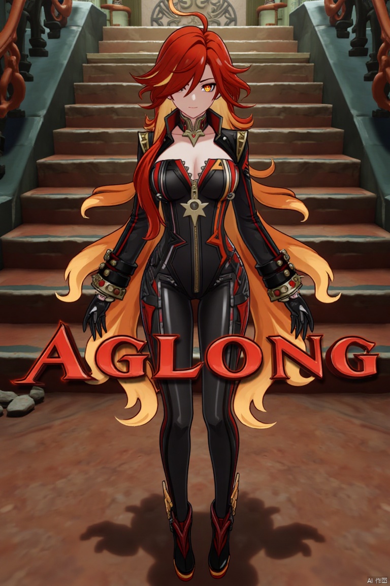 A solo shot of a girl with very long, multicolored hair (blonde, red, and orange), looking directly at the viewer. She has bangs, red eyes, and is standing with arms at her sides. Wearing a jacket, long sleeves, a bodysuit with cutouts, black gloves, high heels, and a spiked bracelet. Her medium breasts and cleavage are visible. The setting includes stairs and a detailed background matching the movie poster theme. Three-dimensional text AGlong is in the middle below. Cinematic lighting creates high contrast and a dramatic atmosphere, with sharp focus enhancing the dynamic composition.