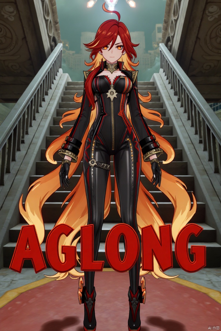 A solo shot of a girl with very long, multicolored hair (blonde, red, and orange), looking directly at the viewer. She has bangs, red eyes, and is standing with arms at her sides. Wearing a jacket, long sleeves, a bodysuit with cutouts, black gloves, high heels, and a spiked bracelet. Her medium breasts and cleavage are visible. The setting includes stairs and a detailed background matching the movie poster theme. Three-dimensional text AGlong is in the middle below. Cinematic lighting creates high contrast and a dramatic atmosphere, with sharp focus enhancing the dynamic composition.