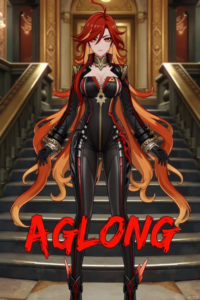 A solo shot of a girl with very long, multicolored hair (blonde, red, and orange), looking directly at the viewer. She has bangs, red eyes, and is standing with arms at her sides. Wearing a jacket, long sleeves, a bodysuit with cutouts, black gloves, high heels, and a spiked bracelet. Her medium breasts and cleavage are visible. The setting includes stairs and a detailed background matching the movie poster theme. Three-dimensional text AGlong is in the middle below. Cinematic lighting creates high contrast and a dramatic atmosphere, with sharp focus enhancing the dynamic composition.