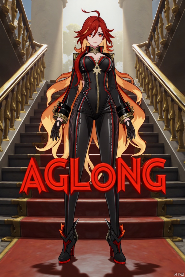 A solo shot of a girl with very long, multicolored hair (blonde, red, and orange), looking directly at the viewer. She has bangs, red eyes, and is standing with arms at her sides. Wearing a jacket, long sleeves, a bodysuit with cutouts, black gloves, high heels, and a spiked bracelet. Her medium breasts and cleavage are visible. The setting includes stairs and a detailed background matching the movie poster theme. Three-dimensional text AGlong is in the middle below. Cinematic lighting creates high contrast and a dramatic atmosphere, with sharp focus enhancing the dynamic composition.
