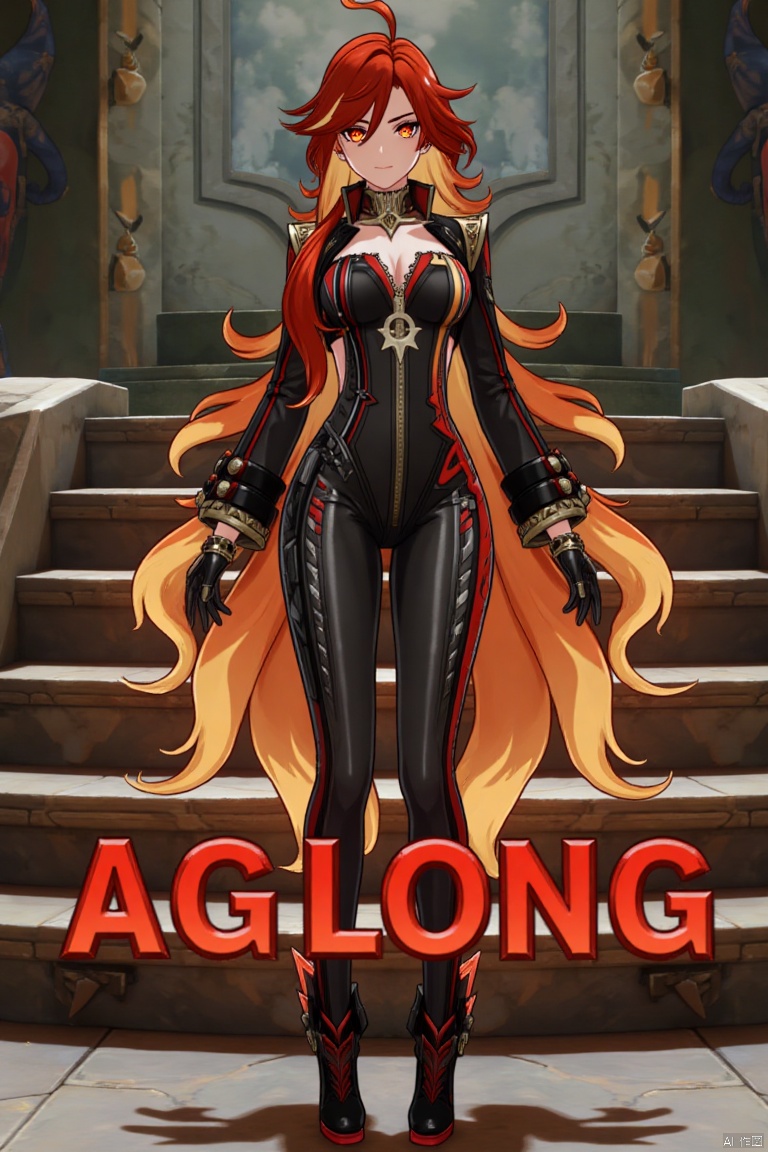 A solo shot of a girl with very long, multicolored hair (blonde, red, and orange), looking directly at the viewer. She has bangs, red eyes, and is standing with arms at her sides. Wearing a jacket, long sleeves, a bodysuit with cutouts, black gloves, high heels, and a spiked bracelet. Her medium breasts and cleavage are visible. The setting includes stairs and a detailed background matching the movie poster theme. Three-dimensional text AGlong is in the middle below. Cinematic lighting creates high contrast and a dramatic atmosphere, with sharp focus enhancing the dynamic composition.