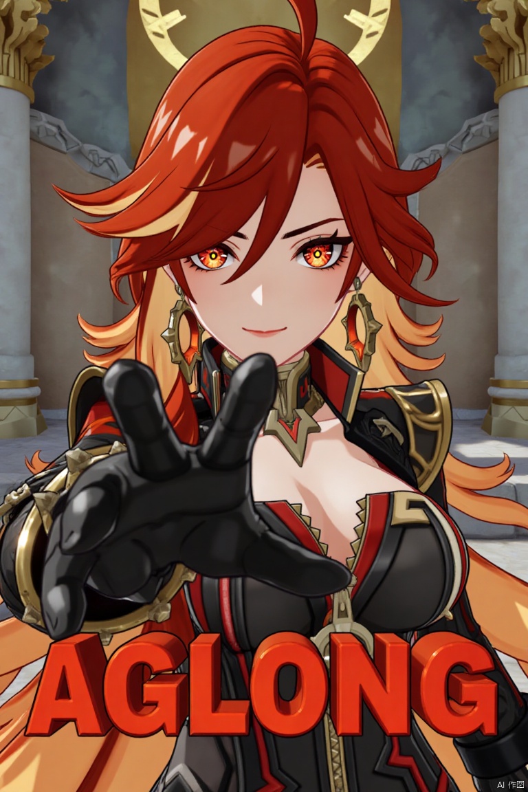 A solo shot of a girl with long, multicolored hair (red and orange), looking directly at the viewer with a smile. She has red eyes, bangs, and hair between her eyes. Wearing black gloves, jewelry, earrings, and small breasts visible. Her upper body is in focus, dressed in armor with shoulder pauldrons. She is reaching towards the viewer. The setting includes a detailed background with pillars, a throne, and columns, matching the movie poster theme. Three-dimensional text AGlong is in the middle below. Cinematic lighting creates high contrast and a dramatic atmosphere, with sharp focus enhancing the dynamic composition.