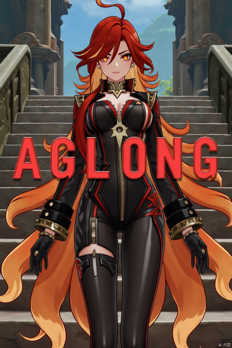 A solo shot of a girl with very long, multicolored hair (blonde, red, and orange), looking directly at the viewer. She has bangs, red eyes, and is standing with arms at her sides. Wearing a jacket, long sleeves, a bodysuit with cutouts, black gloves, high heels, and a spiked bracelet. Her medium breasts and cleavage are visible. The setting includes stairs and a detailed background matching the movie poster theme. Three-dimensional text AGlong is in the middle below. Cinematic lighting creates high contrast and a dramatic atmosphere, with sharp focus enhancing the dynamic composition.