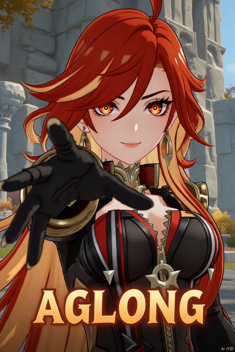 A solo shot of a girl with long, multicolored hair (red and orange), looking directly at the viewer with a smile. She has red eyes, bangs, and hair between her eyes. Wearing black gloves, jewelry, earrings, and small breasts visible. Her upper body is in focus, dressed in armor with shoulder pauldrons. She is reaching towards the viewer. The setting includes a detailed background with pillars, a throne, and columns, matching the movie poster theme. Three-dimensional text AGlong is in the middle below. Cinematic lighting creates high contrast and a dramatic atmosphere, with sharp focus enhancing the dynamic composition.