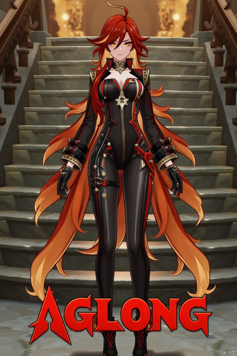 A solo shot of a girl with very long, multicolored hair (blonde, red, and orange), looking directly at the viewer. She has bangs, red eyes, and is standing with arms at her sides. Wearing a jacket, long sleeves, a bodysuit with cutouts, black gloves, high heels, and a spiked bracelet. Her medium breasts and cleavage are visible. The setting includes stairs and a detailed background matching the movie poster theme. Three-dimensional text AGlong is in the middle below. Cinematic lighting creates high contrast and a dramatic atmosphere, with sharp focus enhancing the dynamic composition.