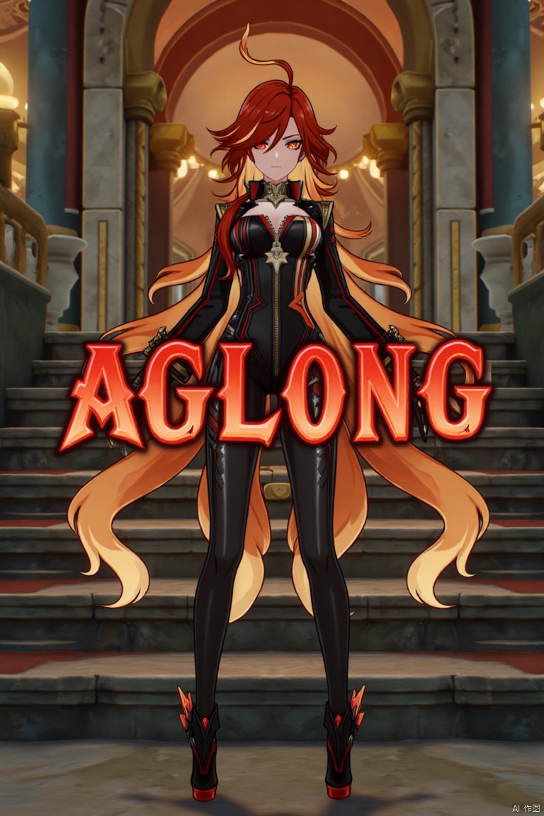 A solo shot of a girl with very long, multicolored hair (blonde, red, and orange), looking directly at the viewer. She has bangs, red eyes, and is standing with arms at her sides. Wearing a jacket, long sleeves, a bodysuit with cutouts, black gloves, high heels, and a spiked bracelet. Her medium breasts and cleavage are visible. The setting includes stairs and a detailed background matching the movie poster theme. Three-dimensional text AGlong is in the middle below. Cinematic lighting creates high contrast and a dramatic atmosphere, with sharp focus enhancing the dynamic composition.