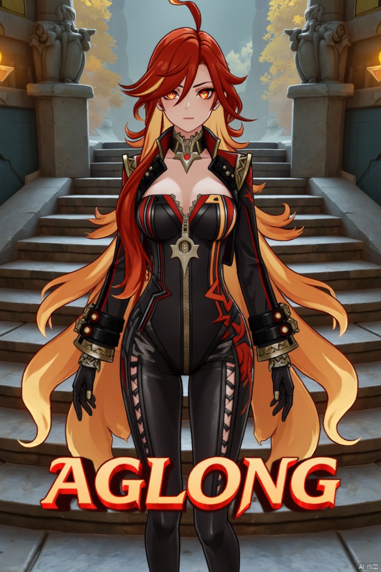 A solo shot of a girl with very long, multicolored hair (blonde, red, and orange), looking directly at the viewer. She has bangs, red eyes, and is standing with arms at her sides. Wearing a jacket, long sleeves, a bodysuit with cutouts, black gloves, high heels, and a spiked bracelet. Her medium breasts and cleavage are visible. The setting includes stairs and a detailed background matching the movie poster theme. Three-dimensional text AGlong is in the middle below. Cinematic lighting creates high contrast and a dramatic atmosphere, with sharp focus enhancing the dynamic composition.