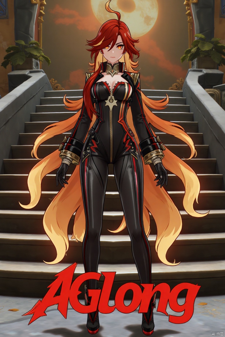 A solo shot of a girl with very long, multicolored hair (blonde, red, and orange), looking directly at the viewer. She has bangs, red eyes, and is standing with arms at her sides. Wearing a jacket, long sleeves, a bodysuit with cutouts, black gloves, high heels, and a spiked bracelet. Her medium breasts and cleavage are visible. The setting includes stairs and a detailed background matching the movie poster theme. Three-dimensional text AGlong is in the middle below. Cinematic lighting creates high contrast and a dramatic atmosphere, with sharp focus enhancing the dynamic composition.