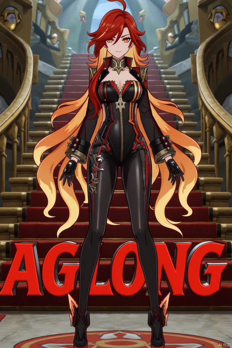 A solo shot of a girl with very long, multicolored hair (blonde, red, and orange), looking directly at the viewer. She has bangs, red eyes, and is standing with arms at her sides. Wearing a jacket, long sleeves, a bodysuit with cutouts, black gloves, high heels, and a spiked bracelet. Her medium breasts and cleavage are visible. The setting includes stairs and a detailed background matching the movie poster theme. Three-dimensional text AGlong is in the middle below. Cinematic lighting creates high contrast and a dramatic atmosphere, with sharp focus enhancing the dynamic composition.