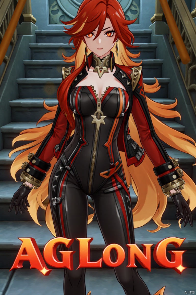 A solo shot of a girl with very long, multicolored hair (blonde, red, and orange), looking directly at the viewer. She has bangs, red eyes, and is standing with arms at her sides. Wearing a jacket, long sleeves, a bodysuit with cutouts, black gloves, high heels, and a spiked bracelet. Her medium breasts and cleavage are visible. The setting includes stairs and a detailed background matching the movie poster theme. Three-dimensional text AGlong is in the middle below. Cinematic lighting creates high contrast and a dramatic atmosphere, with sharp focus enhancing the dynamic composition.