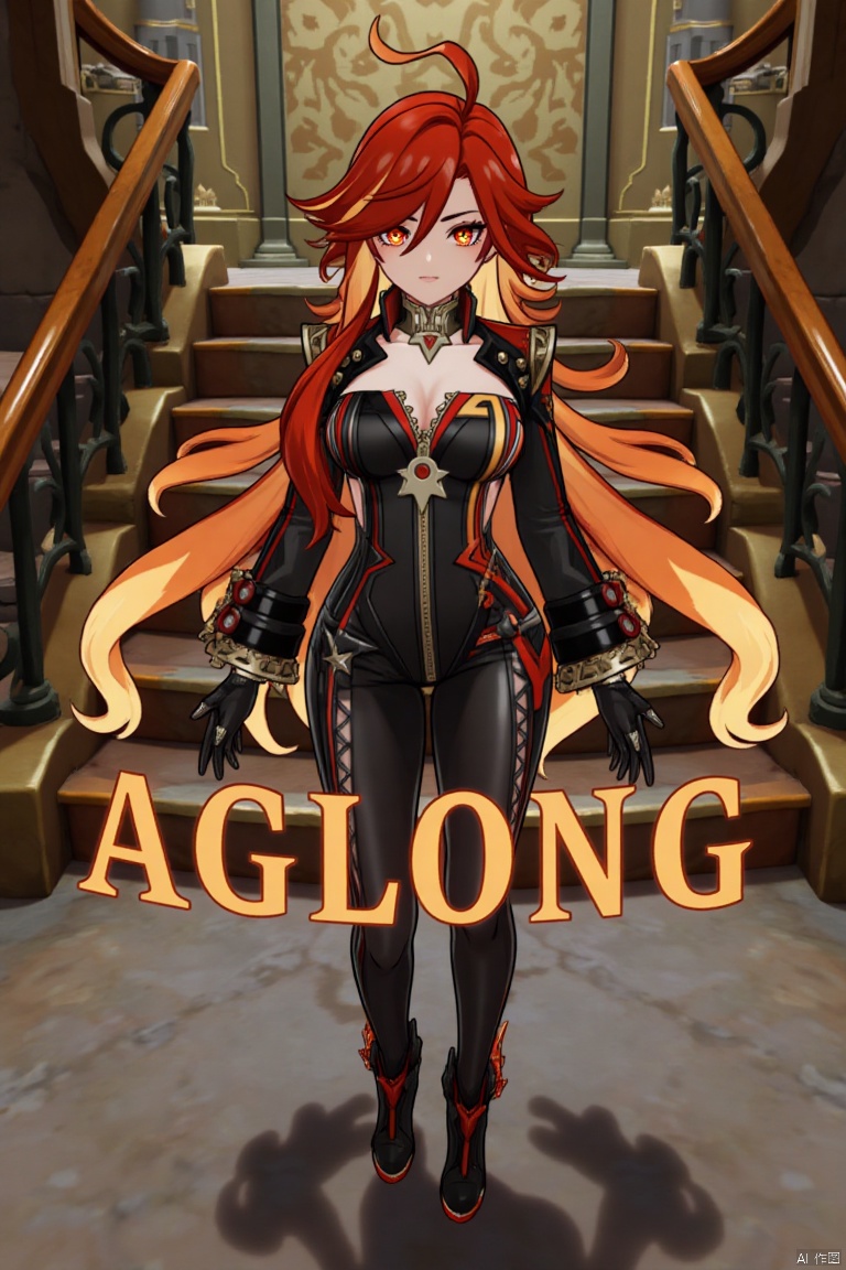 A solo shot of a girl with very long, multicolored hair (blonde, red, and orange), looking directly at the viewer. She has bangs, red eyes, and is standing with arms at her sides. Wearing a jacket, long sleeves, a bodysuit with cutouts, black gloves, high heels, and a spiked bracelet. Her medium breasts and cleavage are visible. The setting includes stairs and a detailed background matching the movie poster theme. Three-dimensional text AGlong is in the middle below. Cinematic lighting creates high contrast and a dramatic atmosphere, with sharp focus enhancing the dynamic composition.