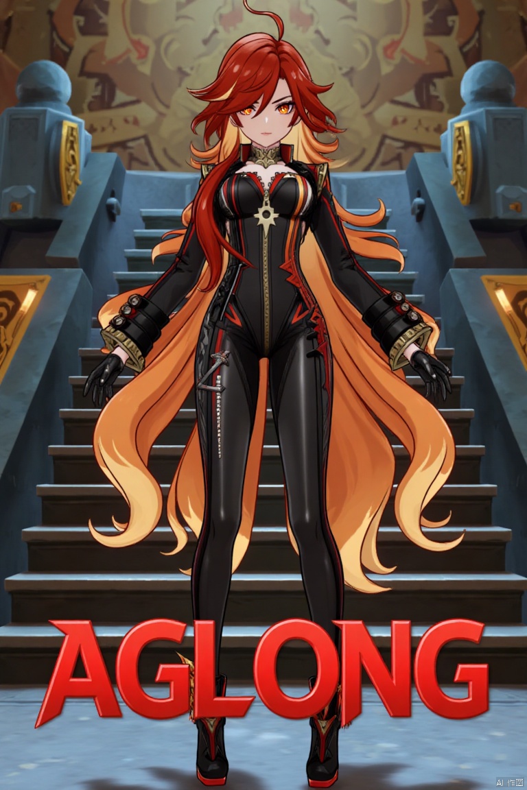A solo shot of a girl with very long, multicolored hair (blonde, red, and orange), looking directly at the viewer. She has bangs, red eyes, and is standing with arms at her sides. Wearing a jacket, long sleeves, a bodysuit with cutouts, black gloves, high heels, and a spiked bracelet. Her medium breasts and cleavage are visible. The setting includes stairs and a detailed background matching the movie poster theme. Three-dimensional text AGlong is in the middle below. Cinematic lighting creates high contrast and a dramatic atmosphere, with sharp focus enhancing the dynamic composition.