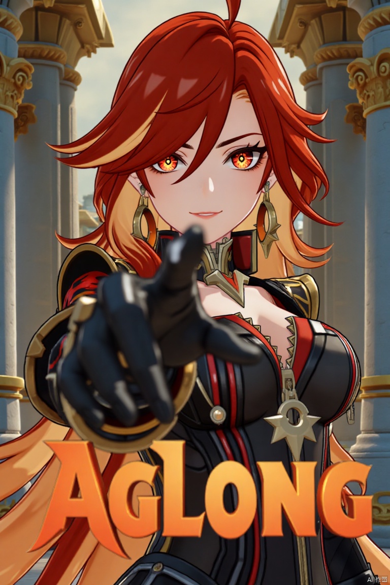 A solo shot of a girl with long, multicolored hair (red and orange), looking directly at the viewer with a smile. She has red eyes, bangs, and hair between her eyes. Wearing black gloves, jewelry, earrings, and small breasts visible. Her upper body is in focus, dressed in armor with shoulder pauldrons. She is reaching towards the viewer. The setting includes a detailed background with pillars, a throne, and columns, matching the movie poster theme. Three-dimensional text AGlong is in the middle below. Cinematic lighting creates high contrast and a dramatic atmosphere, with sharp focus enhancing the dynamic composition.