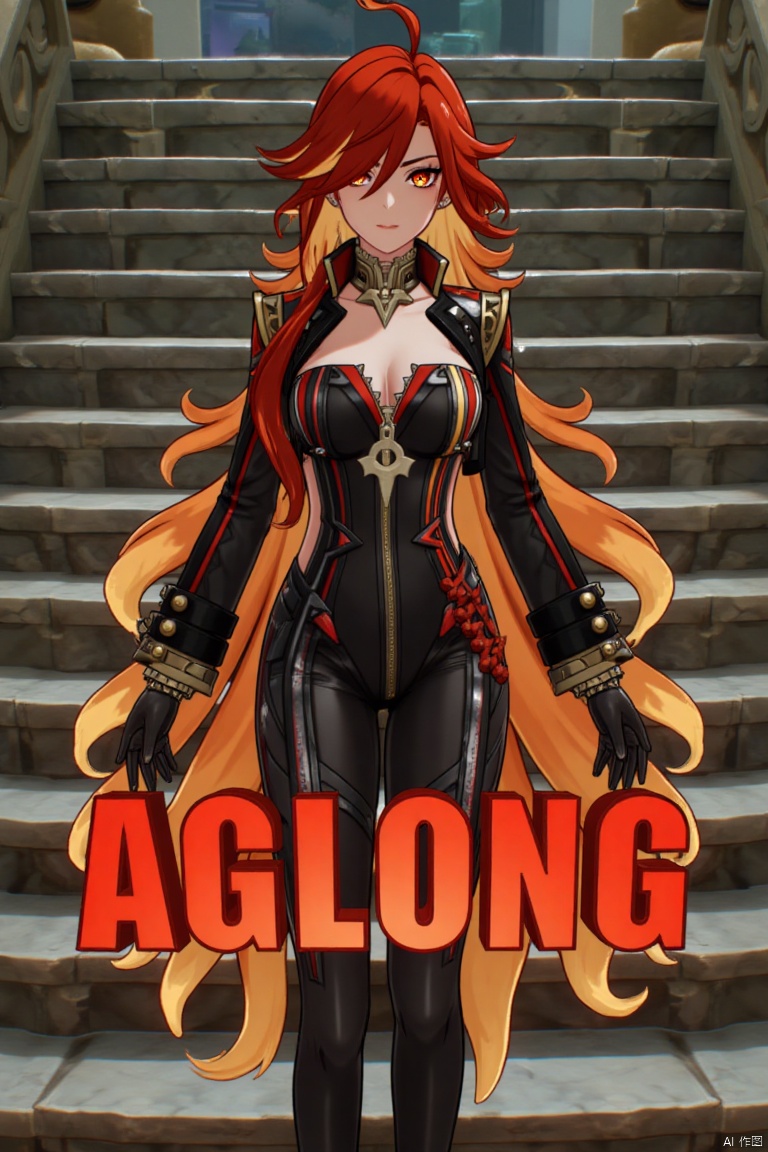 A solo shot of a girl with very long, multicolored hair (blonde, red, and orange), looking directly at the viewer. She has bangs, red eyes, and is standing with arms at her sides. Wearing a jacket, long sleeves, a bodysuit with cutouts, black gloves, high heels, and a spiked bracelet. Her medium breasts and cleavage are visible. The setting includes stairs and a detailed background matching the movie poster theme. Three-dimensional text AGlong is in the middle below. Cinematic lighting creates high contrast and a dramatic atmosphere, with sharp focus enhancing the dynamic composition.