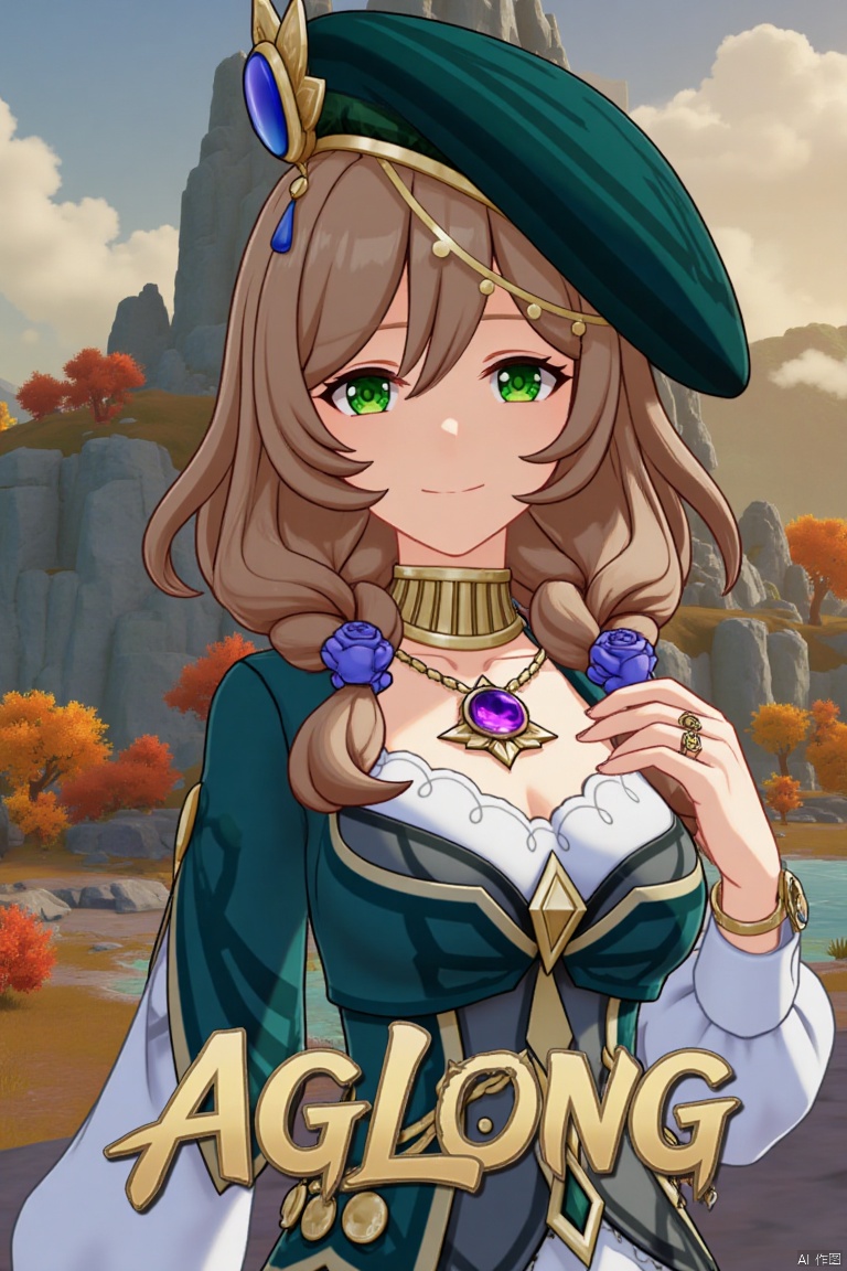A solo girl, Lisa from Genshin Impact, with long blonde and brown hair, large breasts, and a smile, looking directly at the viewer. She wears a hat, beret, long-sleeved dress, cleavage, jewelry, a necklace, and rings. Her green eyes stand out, and her hair is adorned with a braid, flowers, and a purple rose. The shot is framed as a movie poster with three-dimensional text AGlong in the middle below. Cinematic lighting, dynamic composition, detailed background, high contrast, sharp focus, and a dramatic atmosphere enhance the scene.