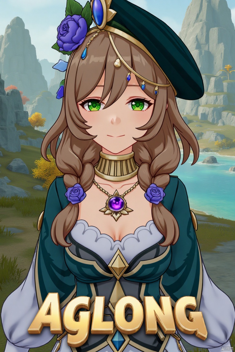A solo girl, Lisa from Genshin Impact, with long blonde and brown hair, large breasts, and a smile, looking directly at the viewer. She wears a hat, beret, long-sleeved dress, cleavage, jewelry, a necklace, and rings. Her green eyes stand out, and her hair is adorned with a braid, flowers, and a purple rose. The shot is framed as a movie poster with three-dimensional text AGlong in the middle below. Cinematic lighting, dynamic composition, detailed background, high contrast, sharp focus, and a dramatic atmosphere enhance the scene.