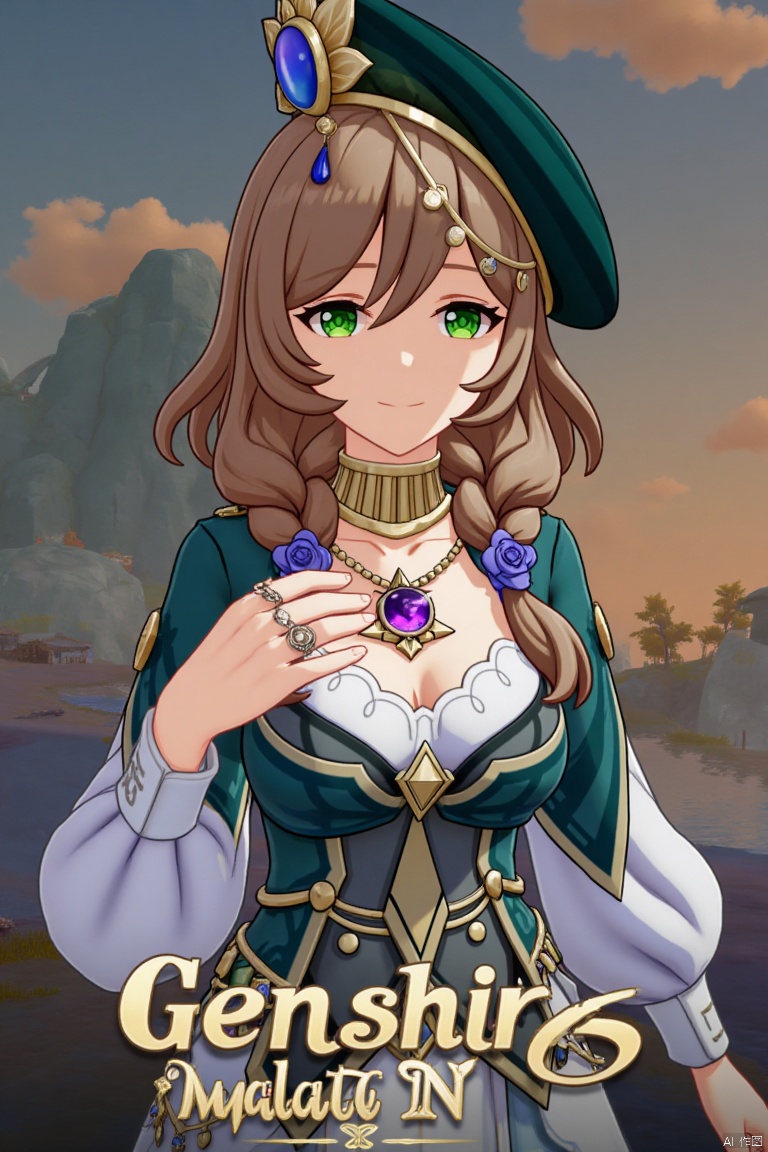 A solo girl, Lisa from Genshin Impact, with long blonde and brown hair, large breasts, and a smile, looking directly at the viewer. She wears a hat, beret, long-sleeved dress, cleavage, jewelry, a necklace, and rings. Her green eyes stand out, and her hair is adorned with a braid, flowers, and a purple rose. The shot is framed as a movie poster with three-dimensional text AGlong in the middle below. Cinematic lighting, dynamic composition, detailed background, high contrast, sharp focus, and a dramatic atmosphere enhance the scene.