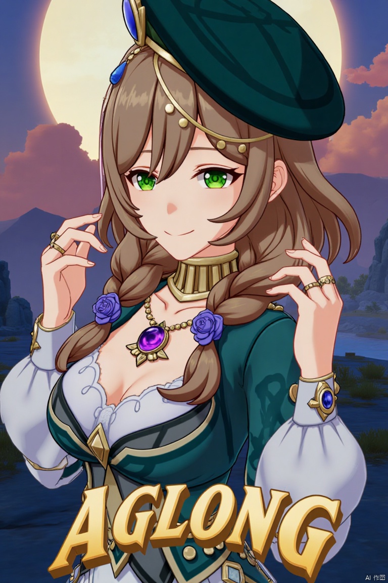 A solo girl, Lisa from Genshin Impact, with long blonde and brown hair, large breasts, and a smile, looking directly at the viewer. She wears a hat, beret, long-sleeved dress, cleavage, jewelry, a necklace, and rings. Her green eyes stand out, and her hair is adorned with a braid, flowers, and a purple rose. The shot is framed as a movie poster with three-dimensional text AGlong in the middle below. Cinematic lighting, dynamic composition, detailed background, high contrast, sharp focus, and a dramatic atmosphere enhance the scene.