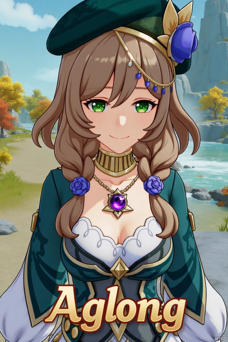 A solo girl, Lisa from Genshin Impact, with long blonde and brown hair, large breasts, and a smile, looking directly at the viewer. She wears a hat, beret, long-sleeved dress, cleavage, jewelry, a necklace, and rings. Her green eyes stand out, and her hair is adorned with a braid, flowers, and a purple rose. The shot is framed as a movie poster with three-dimensional text AGlong in the middle below. Cinematic lighting, dynamic composition, detailed background, high contrast, sharp focus, and a dramatic atmosphere enhance the scene.