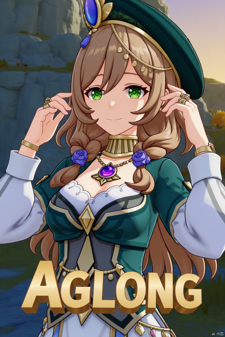 A solo girl, Lisa from Genshin Impact, with long blonde and brown hair, large breasts, and a smile, looking directly at the viewer. She wears a hat, beret, long-sleeved dress, cleavage, jewelry, a necklace, and rings. Her green eyes stand out, and her hair is adorned with a braid, flowers, and a purple rose. The shot is framed as a movie poster with three-dimensional text AGlong in the middle below. Cinematic lighting, dynamic composition, detailed background, high contrast, sharp focus, and a dramatic atmosphere enhance the scene.