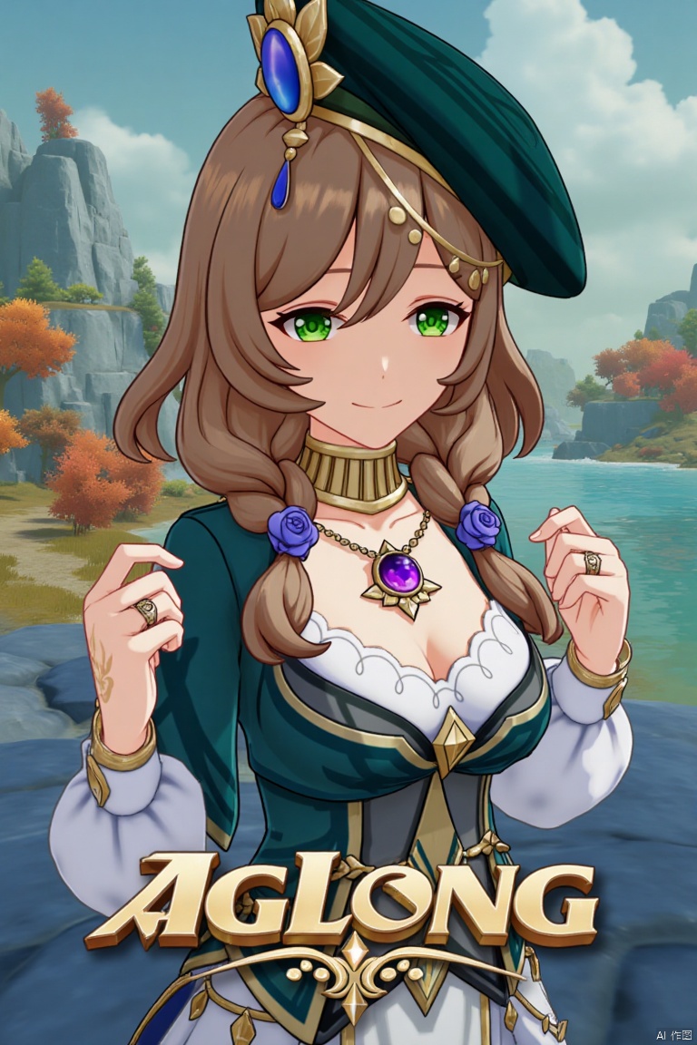A solo girl, Lisa from Genshin Impact, with long blonde and brown hair, large breasts, and a smile, looking directly at the viewer. She wears a hat, beret, long-sleeved dress, cleavage, jewelry, a necklace, and rings. Her green eyes stand out, and her hair is adorned with a braid, flowers, and a purple rose. The shot is framed as a movie poster with three-dimensional text AGlong in the middle below. Cinematic lighting, dynamic composition, detailed background, high contrast, sharp focus, and a dramatic atmosphere enhance the scene.