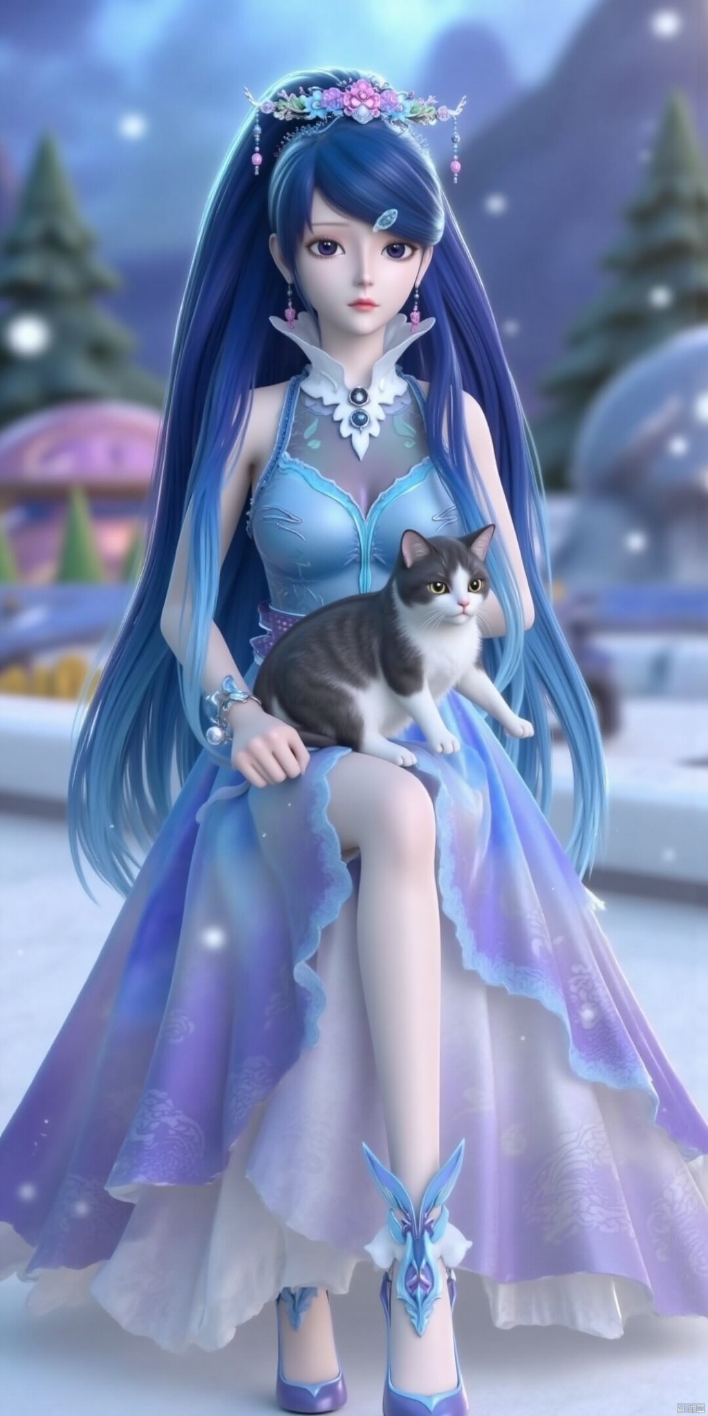 Zhang's realistic and surreal portraits show a 3D character landscape. A girl is holding a cat and looking at the audience. The background is a small snow-covered village and ski resort. The scene includes pine trees and a small figure skiing on the snow-covered ground, captured in a dreamy film style, and the soft and fuzzy snowfall creates a quiet winter atmosphere. The composition adopts natural global illumination to enhance the sense of magical reality. The image was presented in ultra-detail and ultra-high resolution in 4D, and was shot with Fuji color film aesthetics. With the help of the 85mm f/1.4 lens on the DSLR camera, it captures the essence of a fantastic and story-rich micro-world, integrates macro art with vivid colors, and brings fascinating and realistic visual experience. Whole body, long hair, sitting posture, highest quality, exquisite CG, water drops on hair, beautiful goddess, close-up, exquisite face, exquisite lips, exquisite eyes, exquisite nose, a girl.
