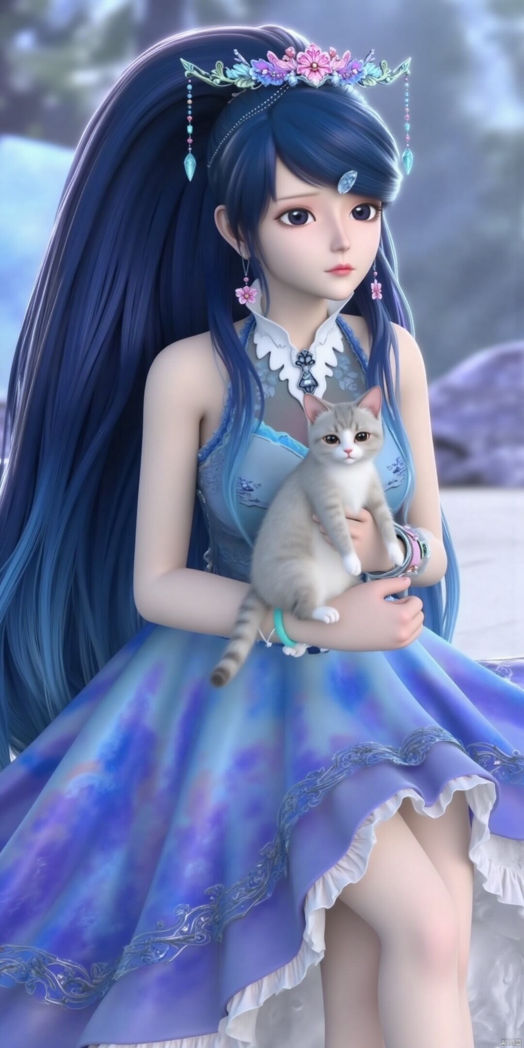 The close-up of Zhang's realistic and surreal portraits shows a 3D character landscape. A girl holds a cat and stares at a small snow-covered village and ski resort. The scene includes pine trees and a small figure skiing on the snow-covered ground, captured in a dreamy film style, and the soft and fuzzy snowfall creates a quiet winter atmosphere. The composition adopts natural global illumination to enhance the magical realism. The image was presented in ultra-detail and ultra-high resolution in 4D, and was shot with Fuji color film aesthetics. With the 85mm f/1.4 lens on the DSLR camera, it captures the essence of a fantastic and story-rich micro-world, blends macro art with vivid colors, and brings fascinating and realistic visual experience. Whole body, long hair, sitting posture, highest quality, exquisite CG, water drops on hair, beautiful goddess, close-up, exquisite face, exquisite lips, exquisite eyes, exquisite nose, a girl.