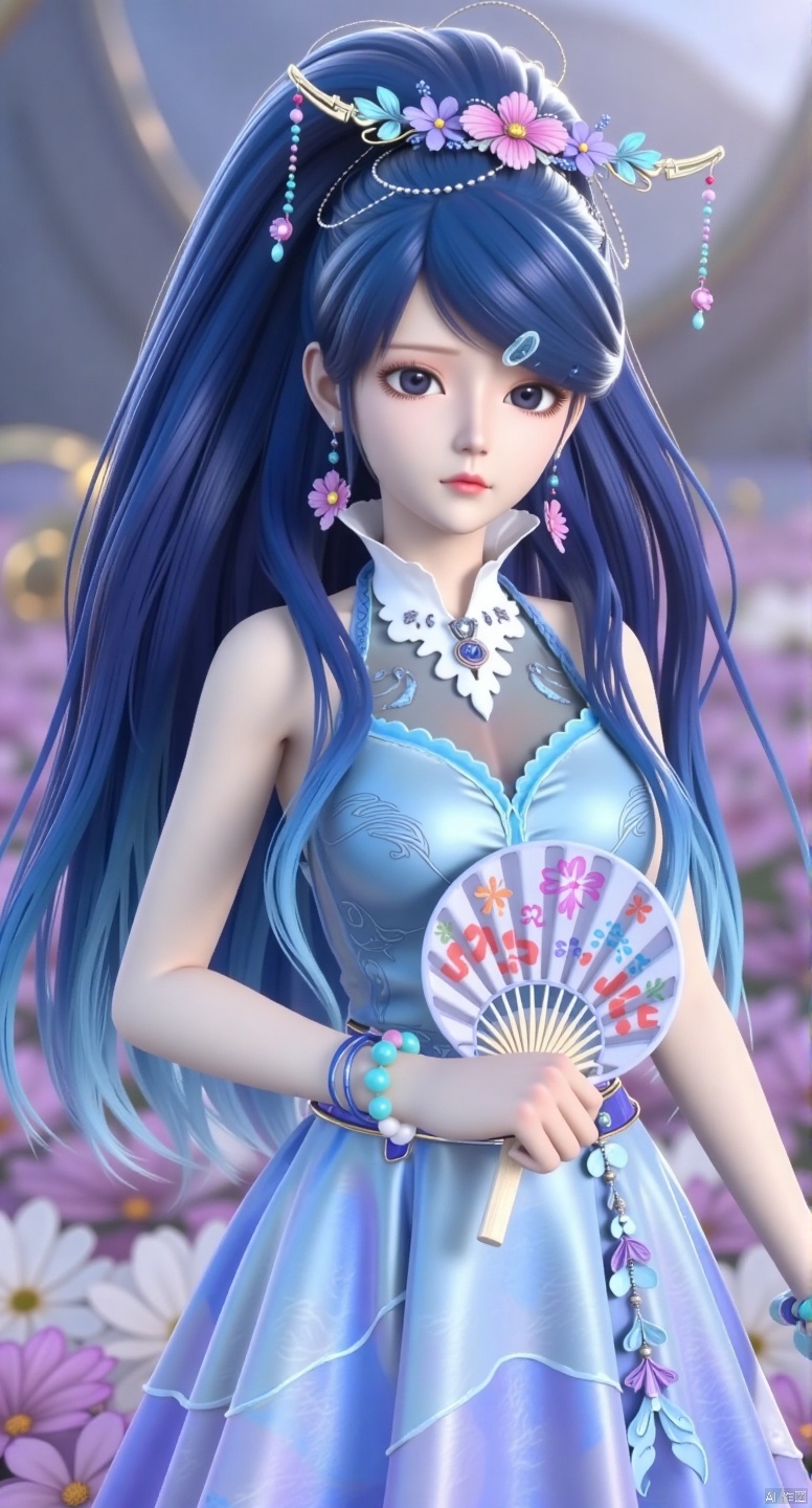 1 girl, singled out, long hair, bangs, blue hair, hair accessories, long sleeves, dress, hugging, upper body, braids, petals, looking to the side, blurred background, round fan, hand holding round fan, Chinese clothing, hair ring, bouquet