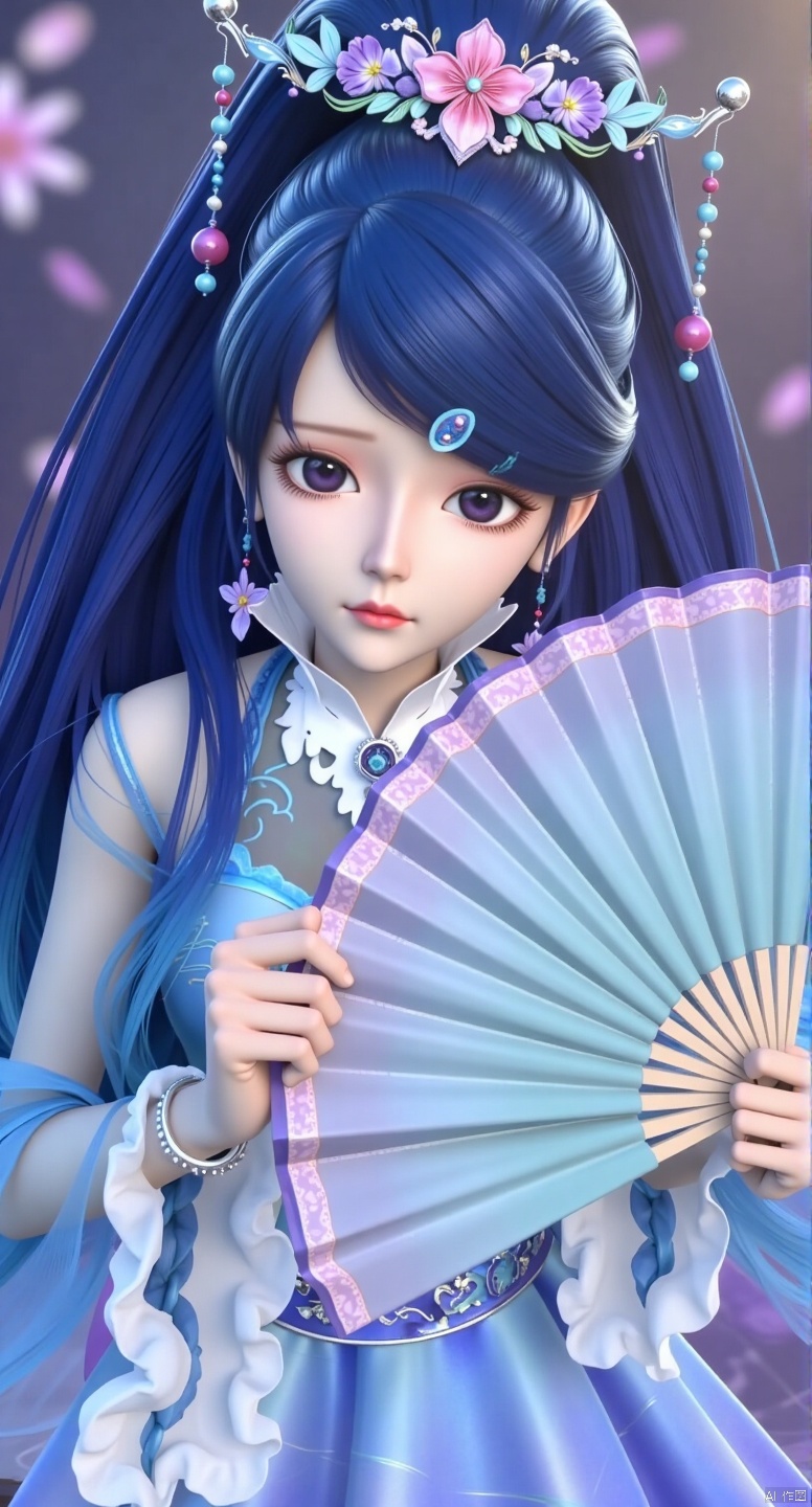 1 girl, singled out, long hair, bangs, blue hair, hair accessories, long sleeves, dress, hugging, upper body, braids, petals, looking to the side, blurred background, round fan, hand holding round fan, Chinese clothing, hair ring, bouquet