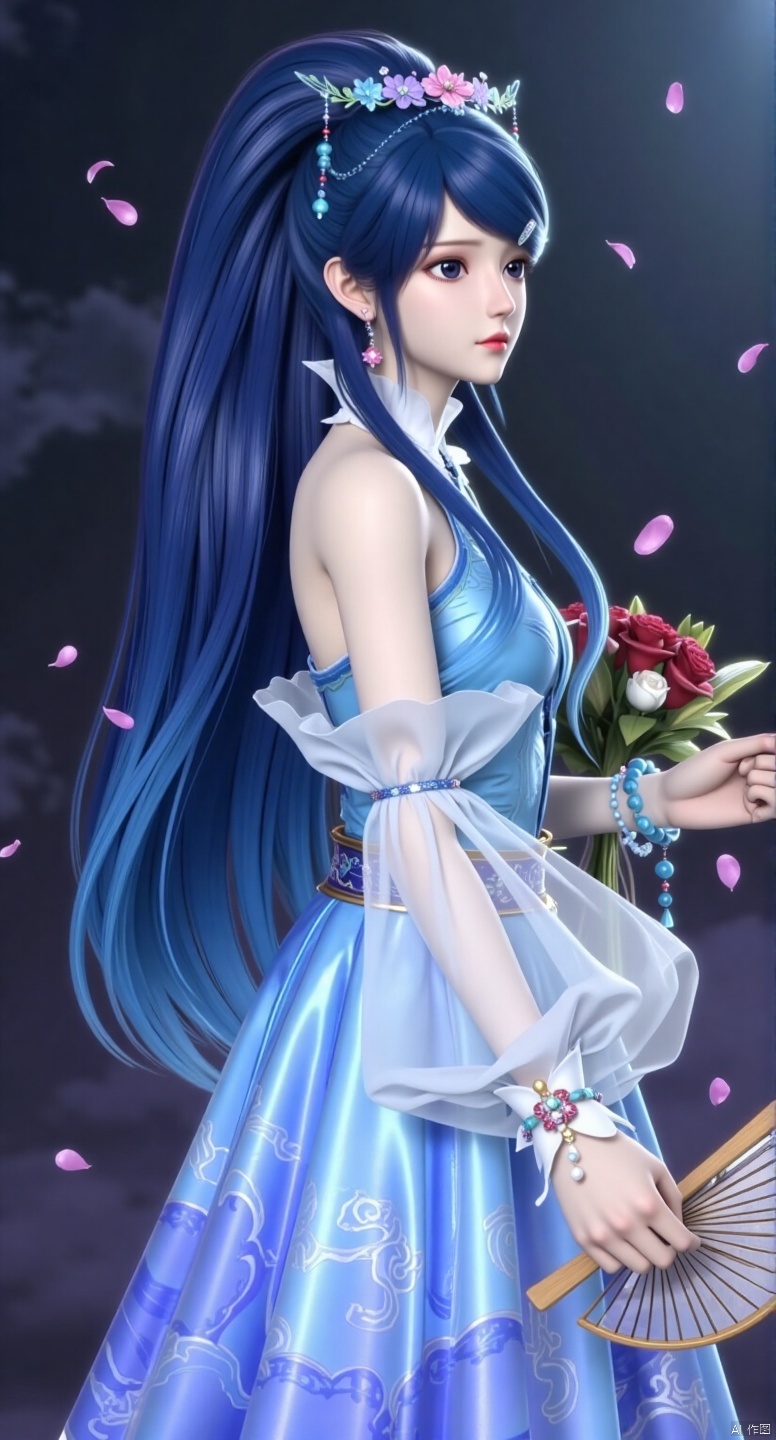 1 girl, singled out, long hair, bangs, blue hair, hair accessories, long sleeves, dress, hugging, upper body, braids, petals, looking to the side, blurred background, round fan, hand holding round fan, Chinese clothing, hair ring, bouquet
