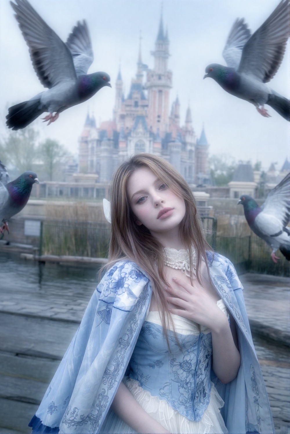 A close-up shot captures the whimsical moment as a flock of pigeons' feathers blur in mid-flight,  their gentle circle aro...