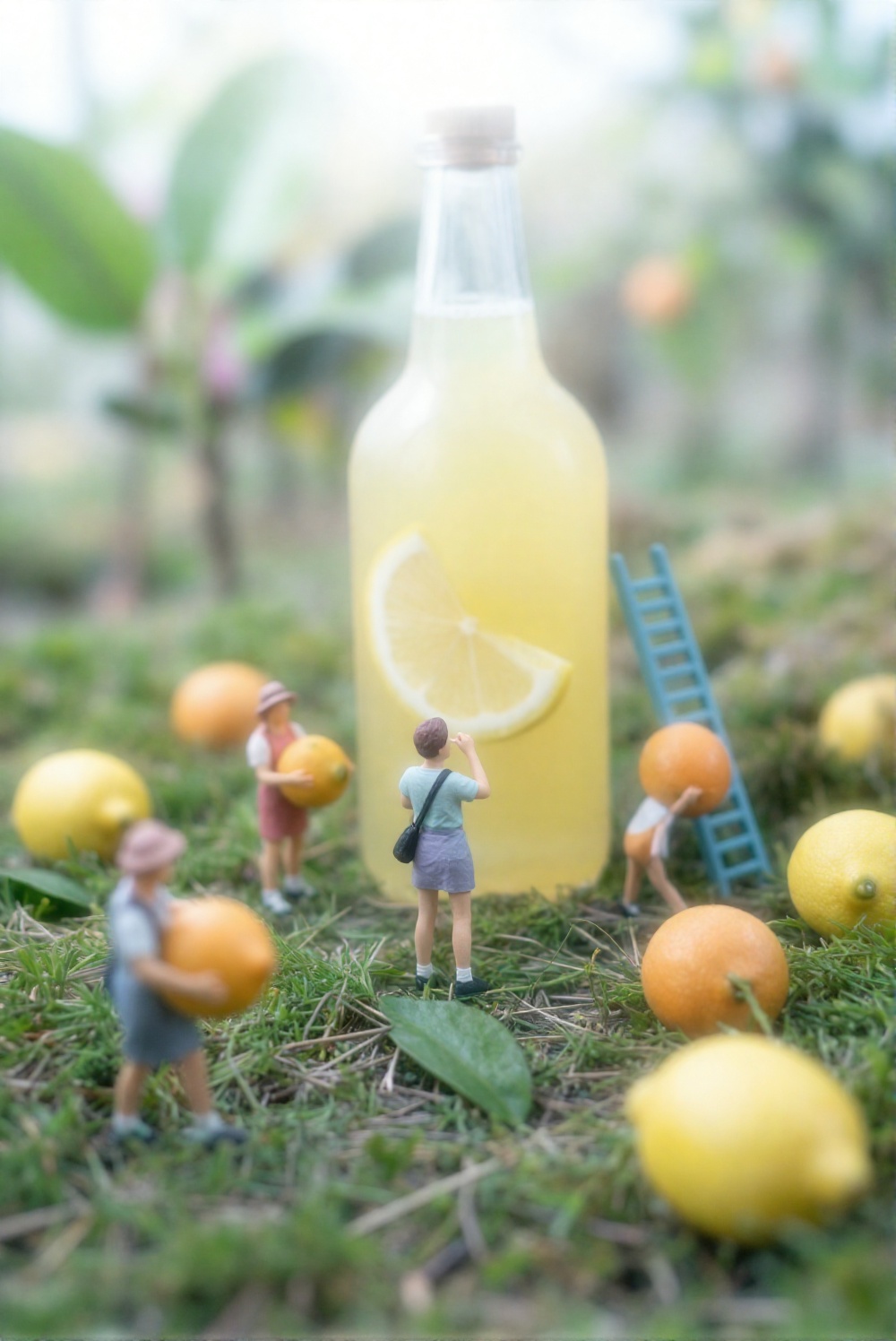 Bathed in the soft focus of bright diffused light from above,  the central subject,  a whimsical scene featuring several s...