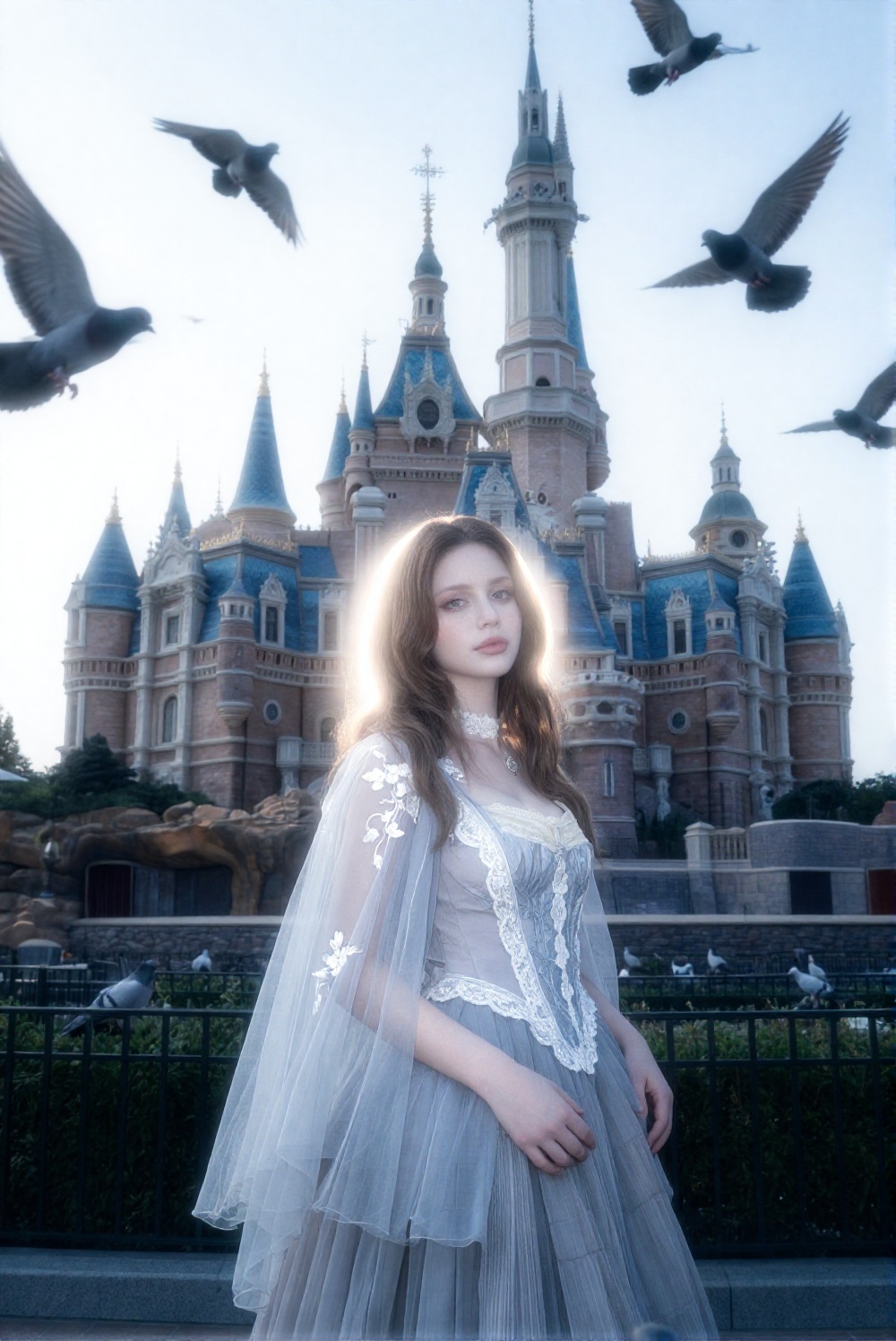 a photograph captures a woman standing gracefully in front of a massive,  towering fairy-tale castle with sweeping spires...