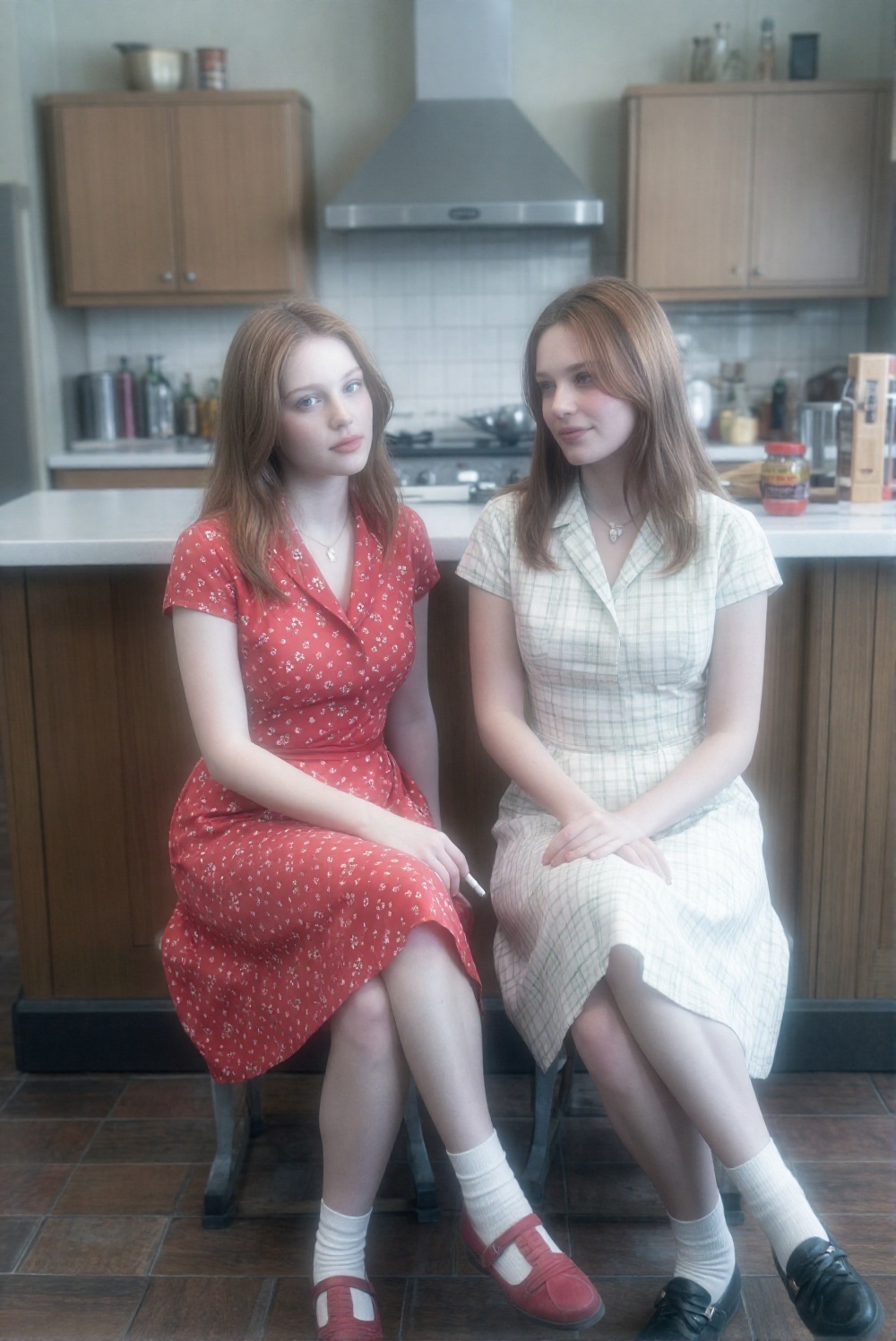 Bathed in the soft focus of gentle diffused light from the front,  the central subjects,  two young women with soft-focus...