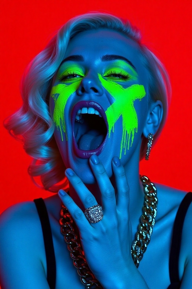a glamorous platinum blonde woman with vintage old Hollywood finger-wave hair screaming with mouth wide open,  head tilted...