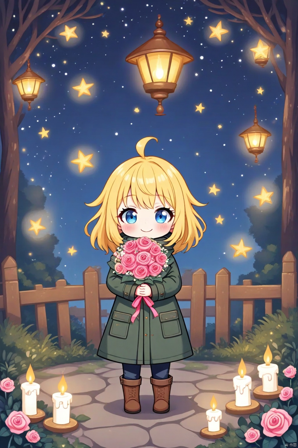 1girl, solo, looking at viewer, blush, smile, blue eyes, blonde hair, long sleeves, holding, standing, jacket, flower, ahoge, boots, outdoors, food, sky, pants, medium hair, chibi, coat, night, rose, brown footwear, star \(sky\), night sky, pink flower, starry sky, bouquet, candle, pink rose, green coat