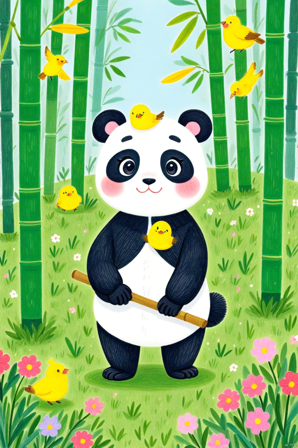 A cartoon drawing of a panda standing on a green grass field. The panda is facing the right side of the image. Its head is facing towards the left. Its eyes are black and round. Its nose is black and its mouth is pink. Its ears are black. To the right of the panda's head is a small yellow bird perched on a bamboo stick. The bamboo sticks are green and have small green leaves on them. There are small pink flowers on the grass in front of the bamboo sticks.