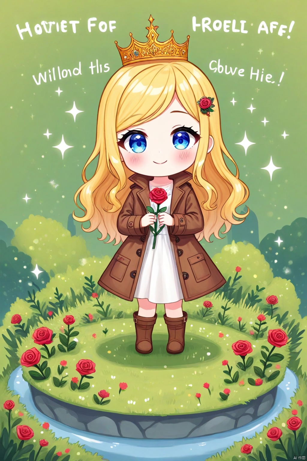 1girl, solo, long hair, looking at viewer, blush, smile, blue eyes, blonde hair, hair ornament, long sleeves, dress, holding, standing, full body, flower, boots, chibi, white dress, english text, coat, sparkle, rose, brown footwear, grass, crown, red flower, red rose, holding flower, faux figurine