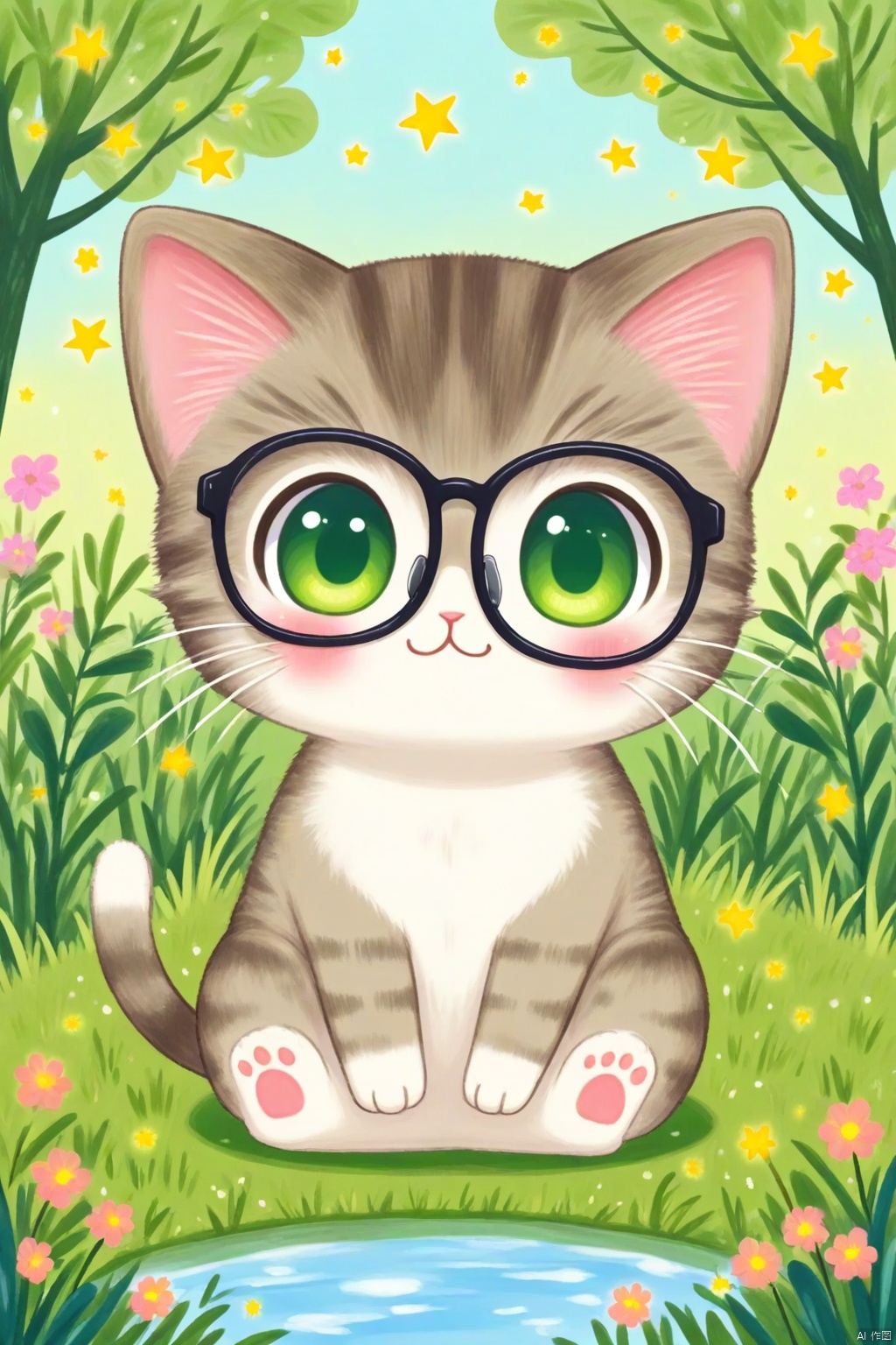 solo, looking at viewer, blush, sitting, green eyes, glasses, water, star \(symbol\), no humans, :3, cat, grass, plant, black-framed eyewear, animal focus, whiskers