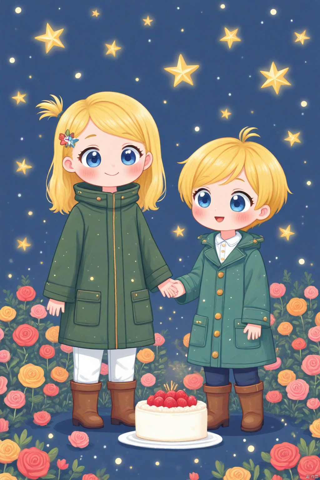 An animated image of a girl with blonde hair and blue eyes is standing on top of a circular blue cake. The cake is decorated with orange swirls. The girl is holding two roses in her hands. She is wearing a green coat with white button down shirt and white pants. Her boots are brown and she is wearing brown boots. The background is a deep blue with white stars.