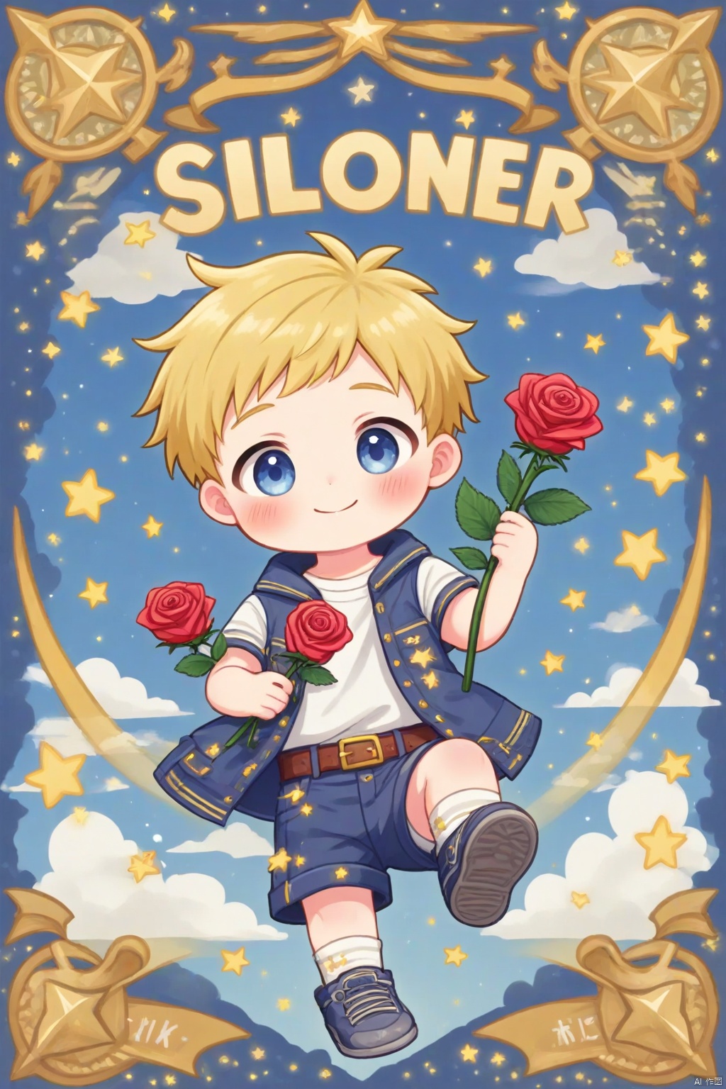 solo, blush, smile, blue eyes, blonde hair, 1boy, full body, flower, male focus, sky, shoes, shorts, belt, cloud, chibi, star \(symbol\), character name, rose, red flower, child, red rose, holding flower