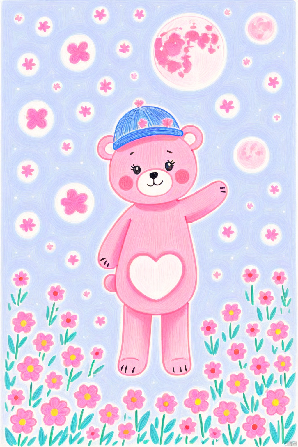 A cartoon drawing of a pink teddy bear with a blue hat on its head. The bear is standing on a white surface with pink flowers surrounding it. There is a pink heart on the left side of the bear. There are white stars and a white heart on a blue background behind the bear and a pink moon on the top left corner of the frame.