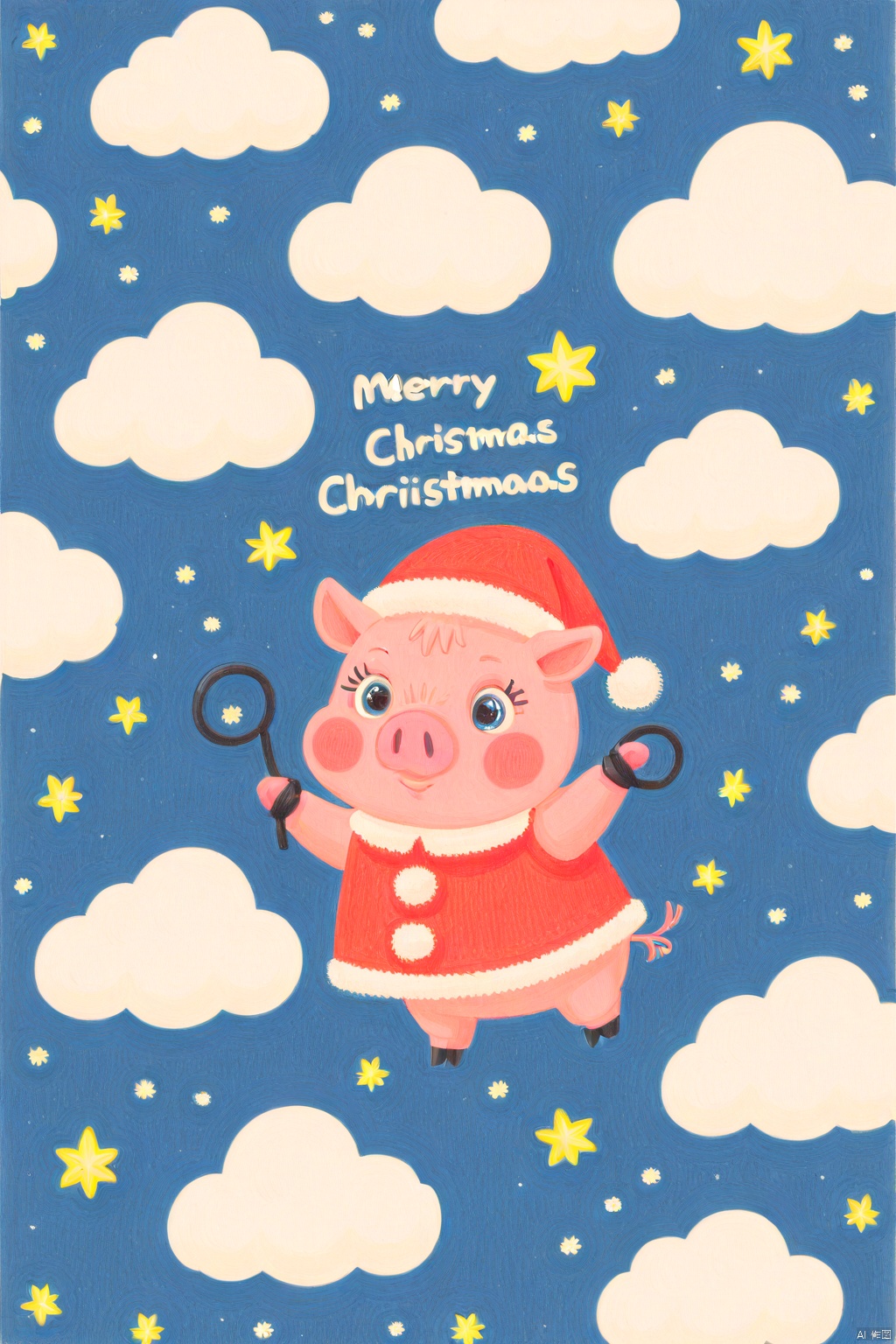 A cartoon pig is flying in the air. The pig is wearing a red Santa Claus hat. There are white clouds below the pig. There is a blue background behind the pig with white dots on it. Above the pig is the word "Merry Christmas" in white letters. Two yellow stars are hanging from a hook on the top right corner of the image.