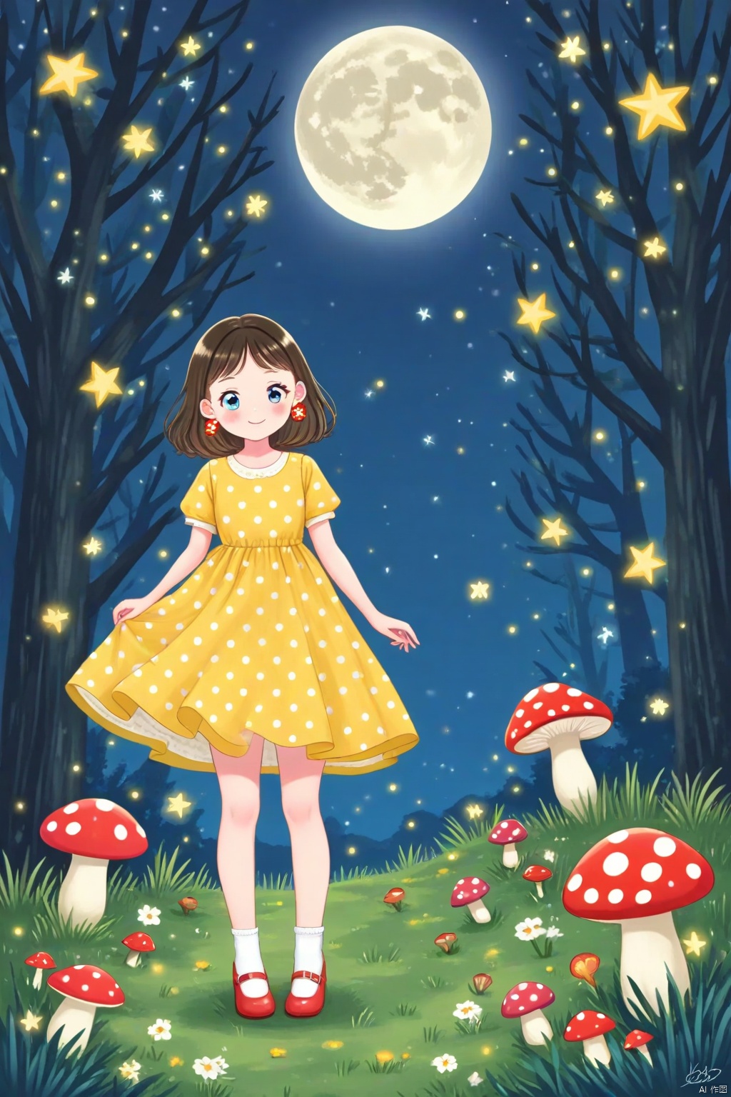 1girl, solo, blush, smile, short hair, bangs, blue eyes, brown hair, dress, jewelry, standing, flower, short sleeves, earrings, shoes, socks, signature, medium hair, star \(symbol\), tree, night, moon, grass, polka dot, white socks, red footwear, mary janes, full moon, yellow dress, mushroom, flower earrings, polka dot dress