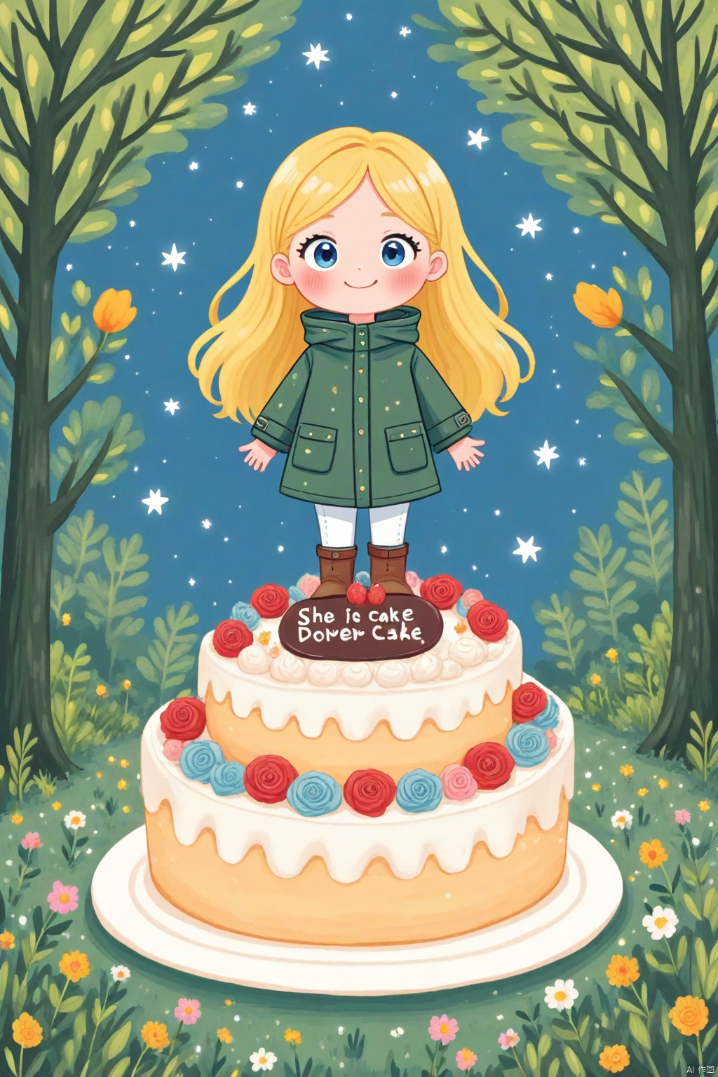 An animated image of a girl with blonde hair and blue eyes is standing on a three-tiered cake. The cake is blue with orange swirls on it. The girl is wearing a green coat, white pants, and brown boots. She is holding two pink roses in her hands. The background is dark blue with white stars in the sky. There are green trees on either side of the cake.