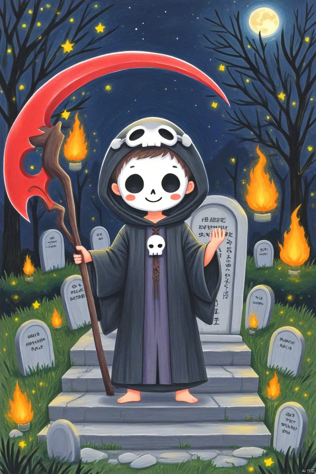 solo, looking at viewer, blush, smile, long sleeves, holding, standing, male focus, outdoors, sky, hood, wide sleeves, star \(symbol\), tree, mask, night, traditional media, blush stickers, moon, grass, fire, night sky, full moon, hood up, skull, robe, stairs, scythe, bare tree, holding scythe, tombstone, graveyard