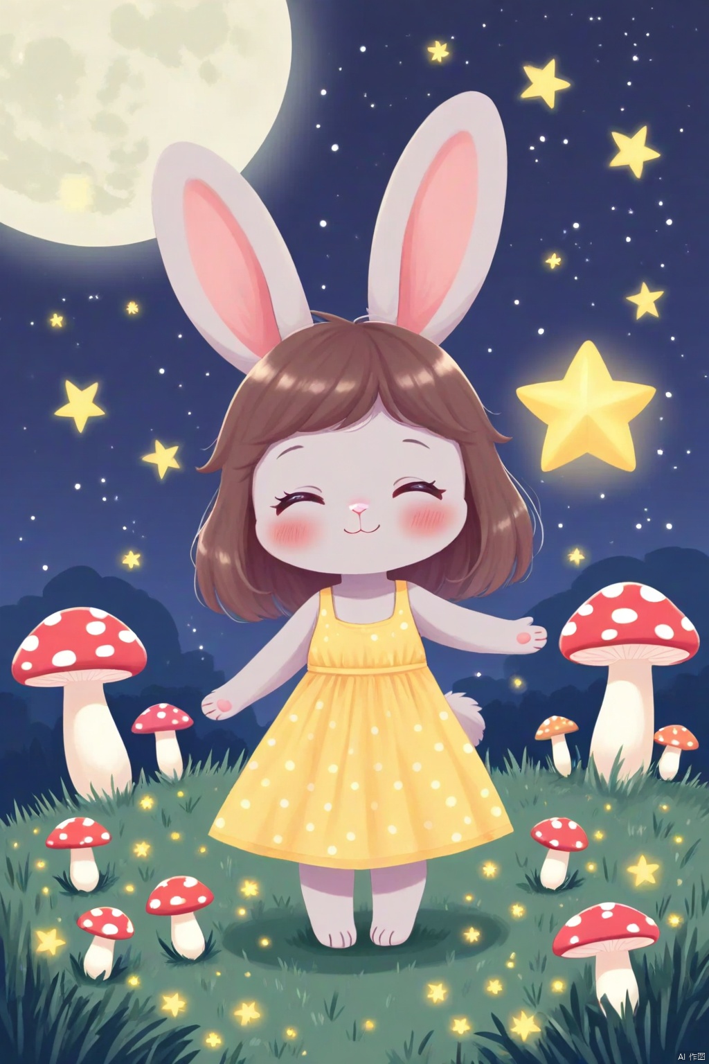 1girl, solo, blush, smile, dress, animal ears, closed eyes, flower, sky, sleeveless, star \(symbol\), night, moon, grass, polka dot, star \(sky\), furry, rabbit, furry female, yellow dress, mushroom